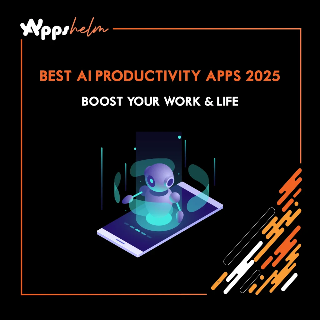 Smartphone showing icons of top AI productivity apps 2025 like ChatGPT, Notion AI, Grammarly, Copilot, and Otter.ai