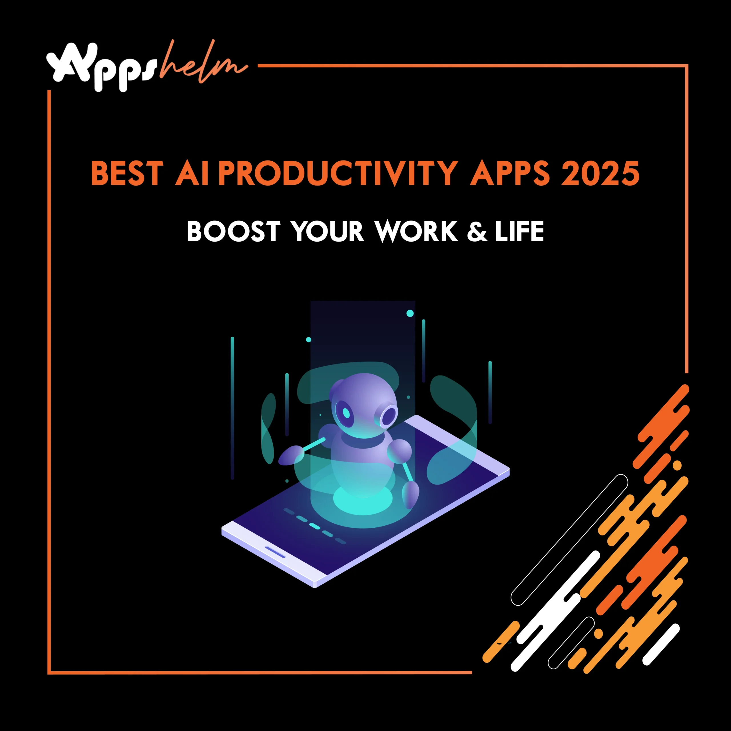 Smartphone showing icons of top AI productivity apps 2025 like ChatGPT, Notion AI, Grammarly, Copilot, and Otter.ai