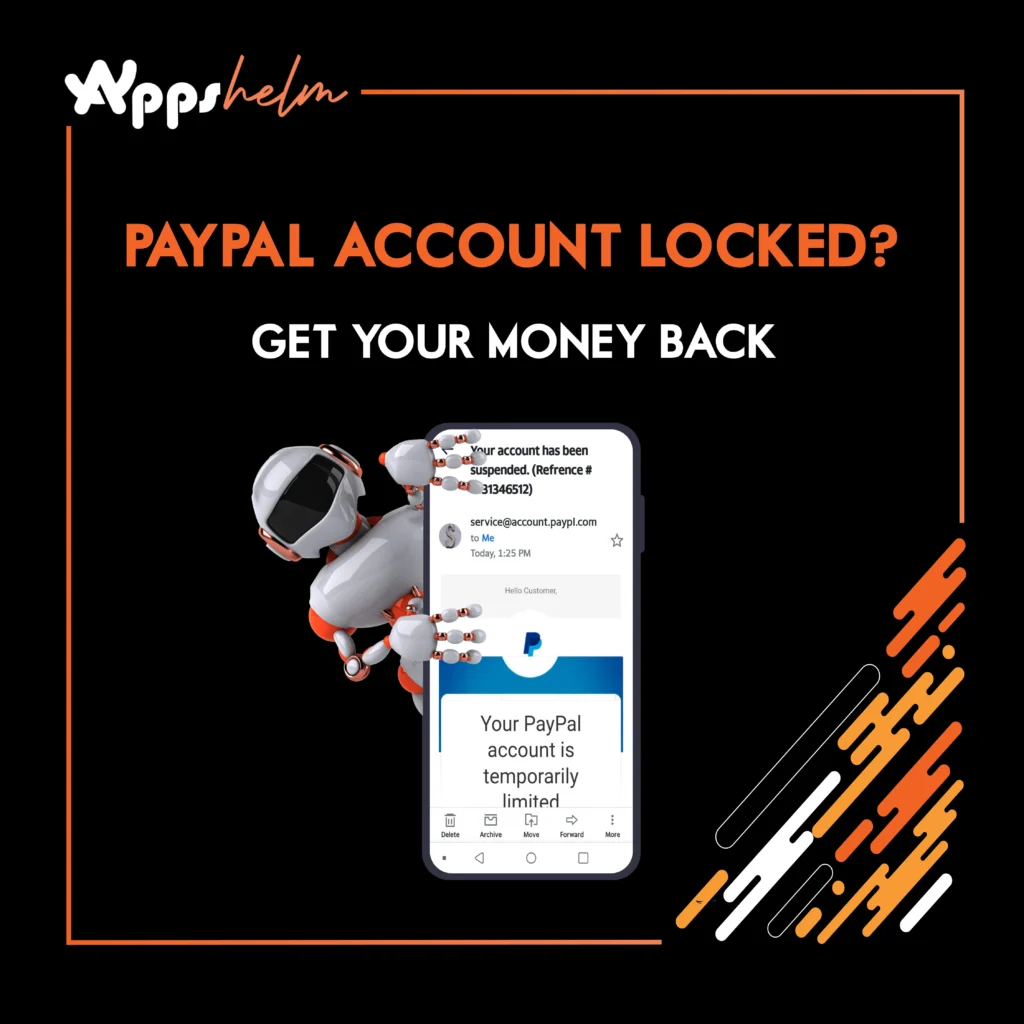 PayPal account locked notification screen showing restricted access with unlock steps and money withdrawal options