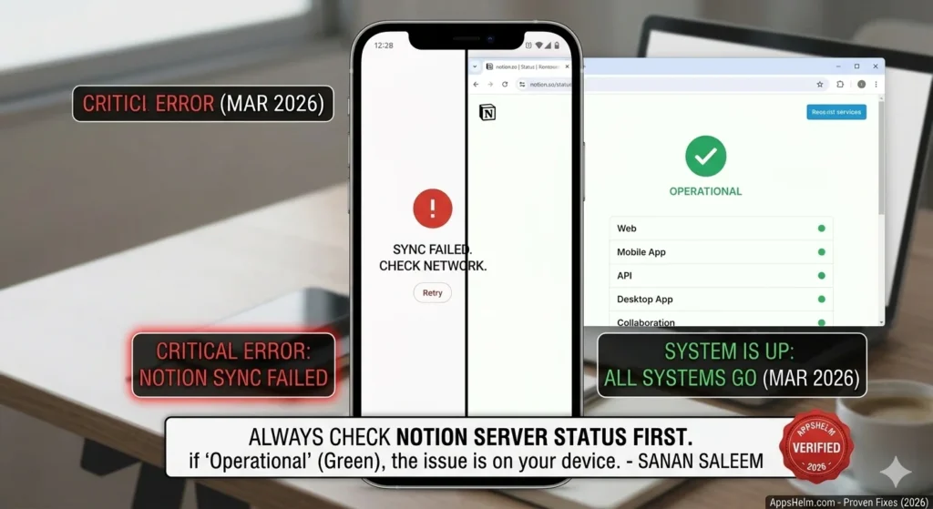 Notion Server Status vs Sync Error Comparison (2026) A split-screen comparison mockup showing a 'Sync Failed' error on a mobile device on the left and the official 'notion.so/status' page showing all systems 'Operational' on the right. Includes 'AppsHelm Verified' stamp and text overlay advising users to check server status first, tested by Sanan Saleem in March 2026.