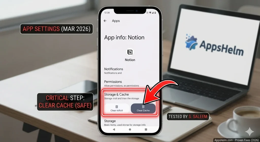 Notion Android Clear Cache Settings (March 2026 Fix) Mobile phone mockup showing Android 'App info' settings for Notion with 'Storage & Cache' section highlighted and red arrow pointing to 'Clear Cache' button. Text overlays confirm this as a critical safe fix for March 2026, tested by Sanan Saleem for AppsHelm.