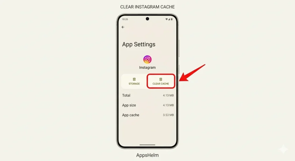 Smartphone mockup showing Android 'App Settings' interface for Instagram. A clean RED ARROW points directly to the labeled 'CLEAR CACHE' button, indicating the exact action needed to fix crashing issues.