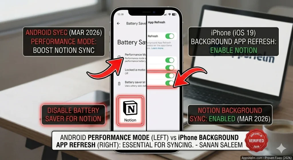 Android vs iPhone Notion Sync Settings Comparison (2026) A side-by-side comparison mockup for Notion sync fixes. Left side shows Android 'Performance Mode' to boost sync, right side shows iPhone 'Background App Refresh' settings enabled for Notion. Features red arrows, 'AppsHelm Verified' stamp, and a March 2026 date, created by Sanan Saleem.