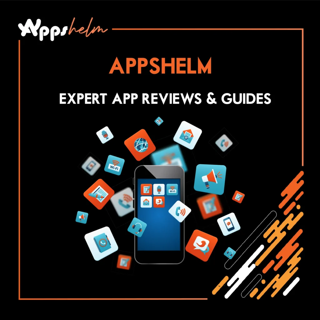 AppsHelm mobile app reviews platform banner featuring smartphone with app icons and expert reviews guides illustration